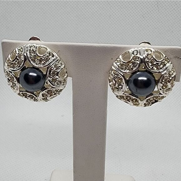 Napier Silver, Rhinestones, & Gray Faux Pearl Clip-On Earrings - Picture 1 of 4
